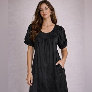 ✨🖤 CALYPSO‎ Silk Puff Sleeve Smocked Bib Mini Dress Sz S 🖤✨